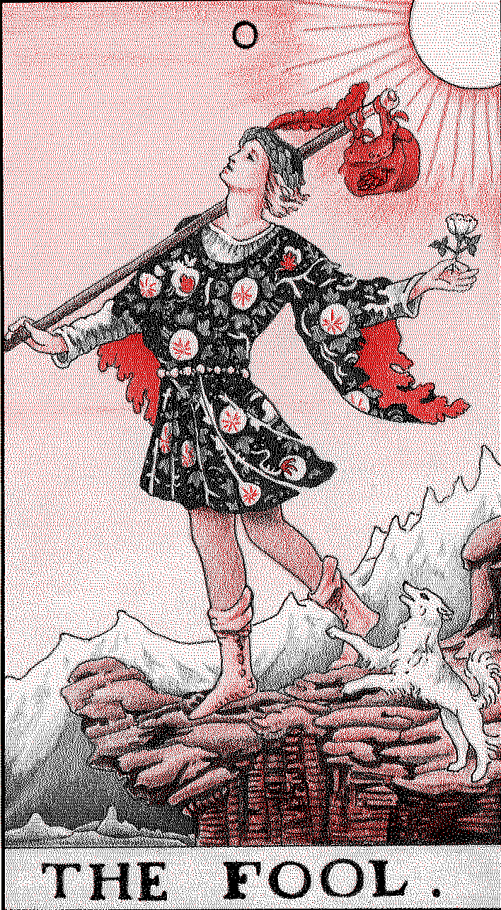 the Fool tarot card. The card shows an illustration of a young blond white man in a Medieval tunic, holding a white flower and a bag on a stick. There is a small white dog at his feet. The man and the dog are both frolicking, unaware that they are approaching a cliffside